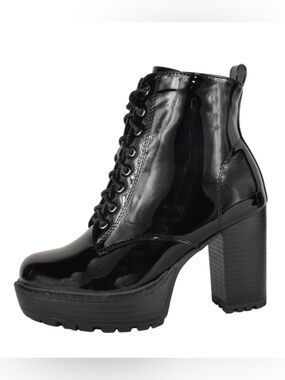 Top Moda Black Patent Leather (Vegan) Lace-Up Platform Ankle Boots - 8.5 /8 1/2
